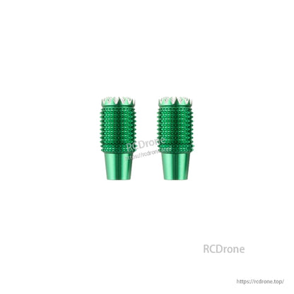 Green anodized knurled gimbal stick end pieces, pair view with textured grip pattern