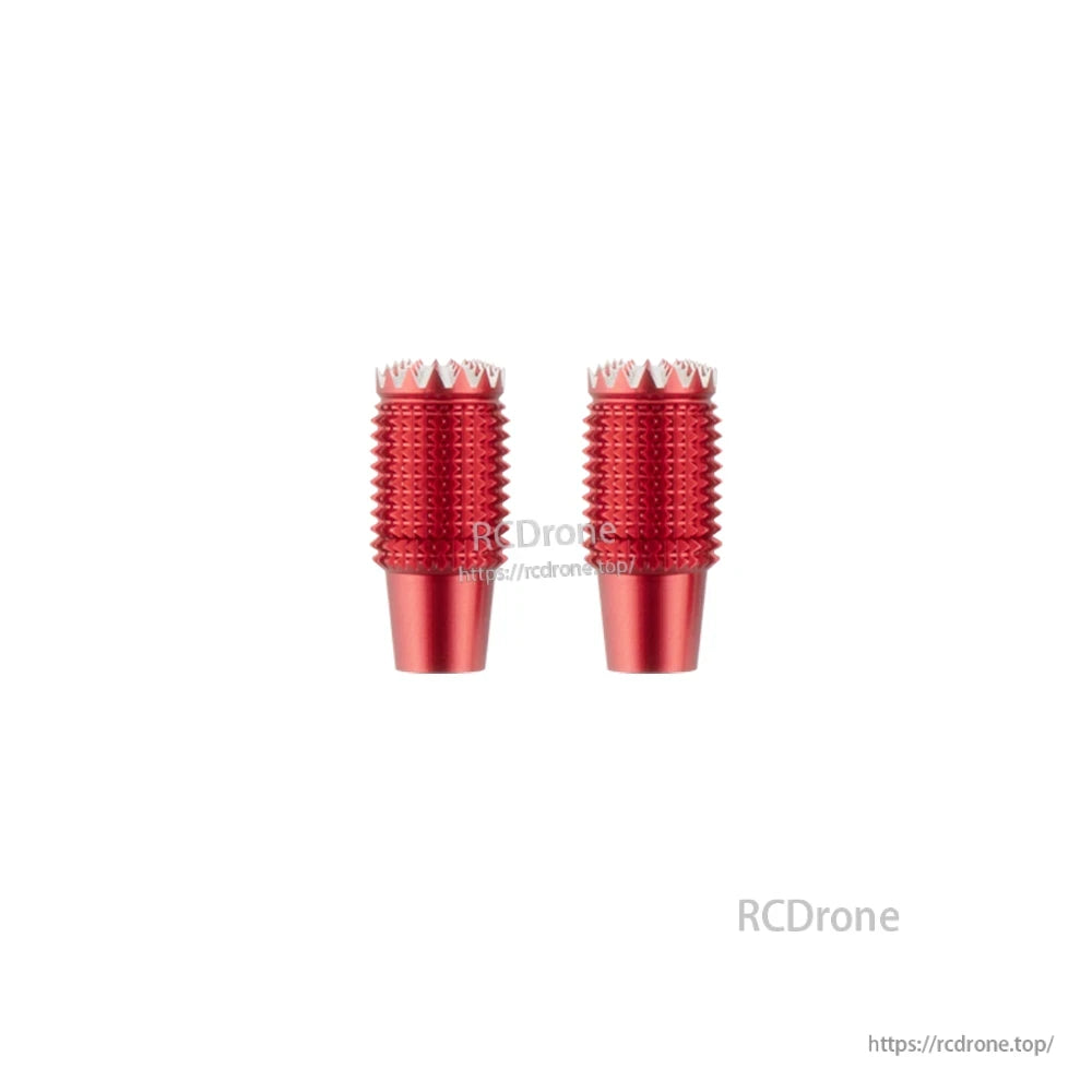 Red anodized knurled gimbal stick end pieces, pair view with textured grip pattern
