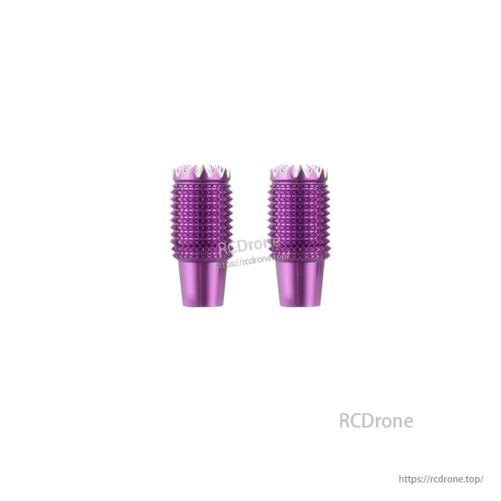 Purple anodized knurled gimbal stick end pieces, pair view with ridged texture