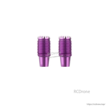 Purple anodized knurled gimbal stick end pieces, pair view with ridged texture