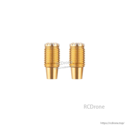 Gold anodized knurled gimbal stick end pieces, pair view with machined texture
