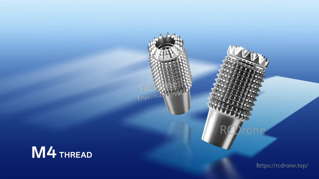 Close-up of two aluminum gimbal stick ends with M4 thread and 360° anti-slip knurled grip texture