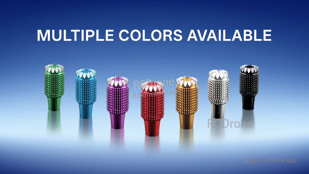 Shorty360 gimbal stick ends in multiple anodized colors: green, blue, purple, red, gold, silver, and black