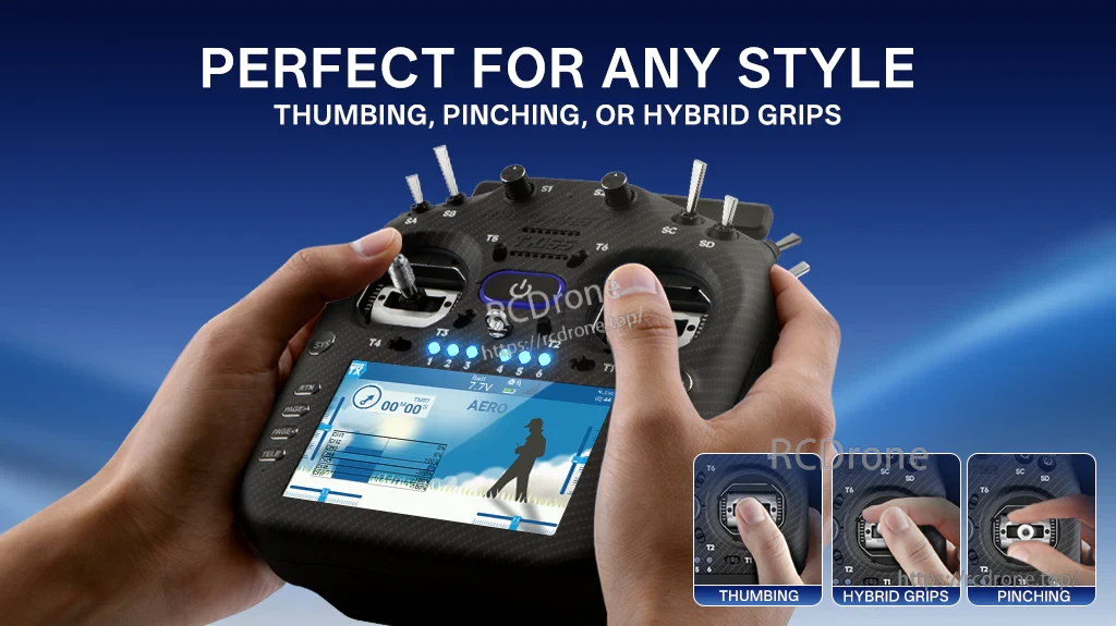 Radio transmitter held in hands using gimbals, highlighting suitability for thumbing, pinching, and hybrid grips