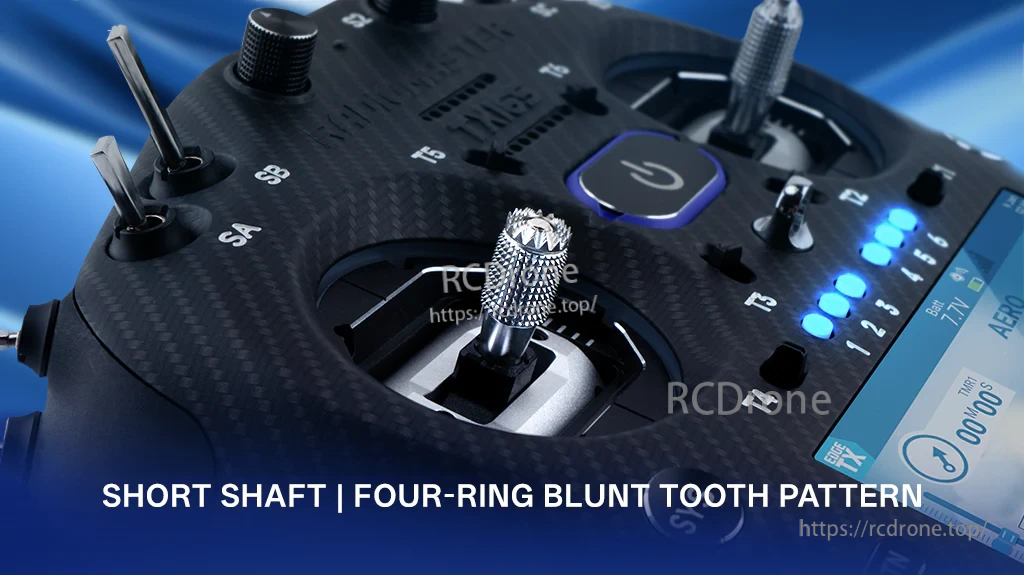 Shorty360 stick end installed on a RadioMaster transmitter, highlighting short shaft and four-ring blunt tooth grip