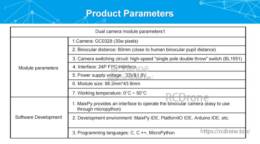 Product parameters table listing GC0328 sensors, 60 mm binocular distance, 24P FPC, 3.3 V/1.8 V, and size