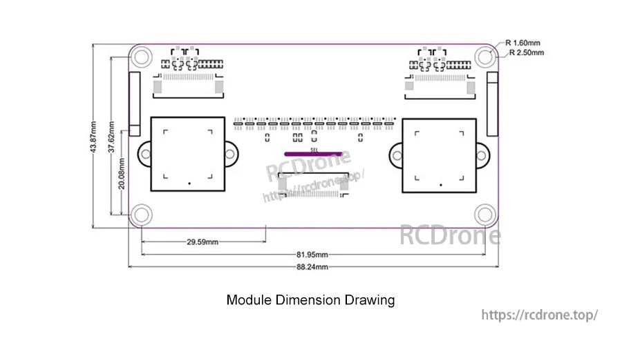 Module dimension drawing with overall size 88.24 × 43.87 mm and key mounting/spacing measurements