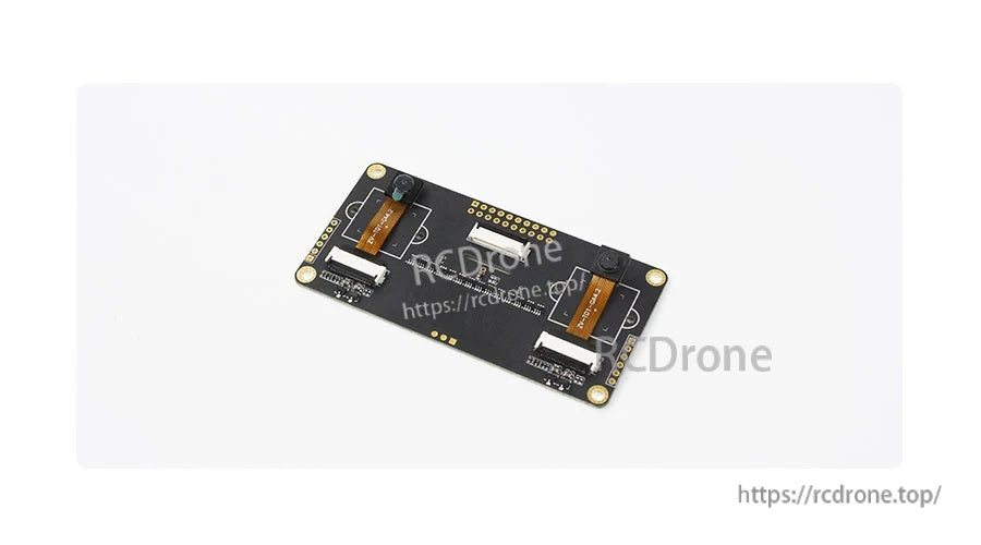 Angled view of the dual camera PCB showing both lenses, flex cables, and mounting holes on the board