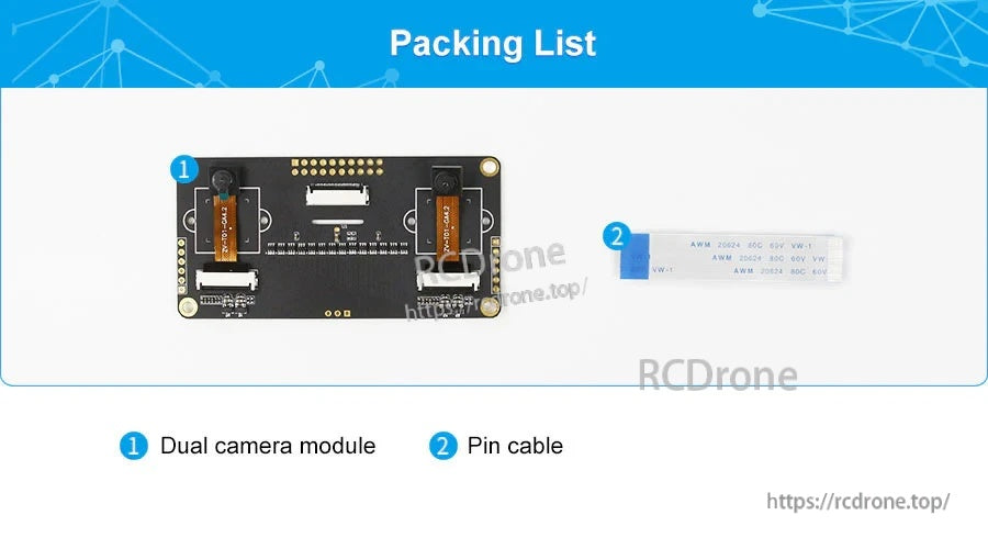 Packing list showing dual camera module and included pin cable accessory