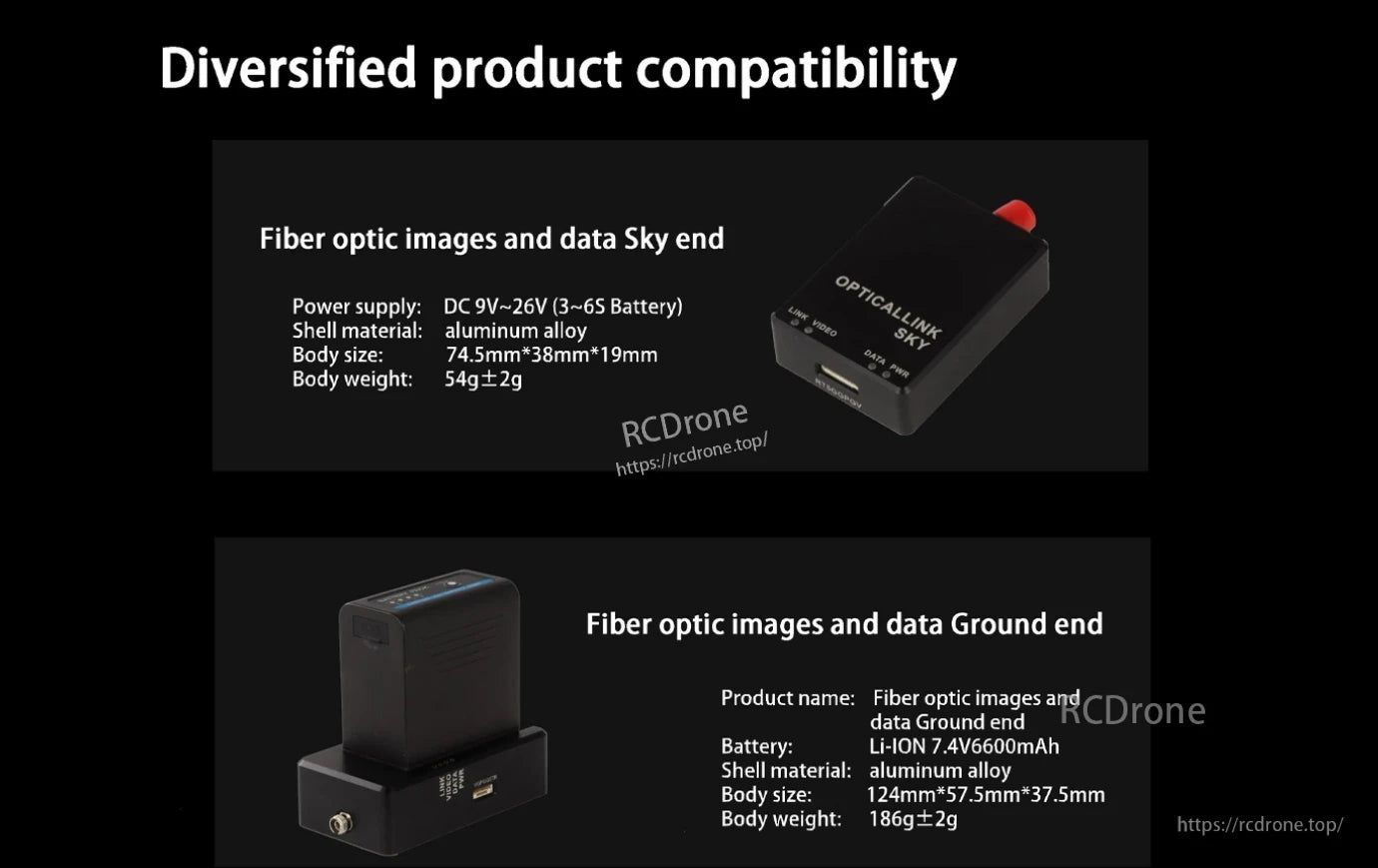 Sky GBD Optical Fiber Module, Sky unit: 9–26V DC, aluminum, 74.5×38×19mm, 54g. Ground unit: 7.4V Li-ION 6600mAh, aluminum, 124×57.5×37.5mm, 186g. Fiber optic modules for aerial and ground use.