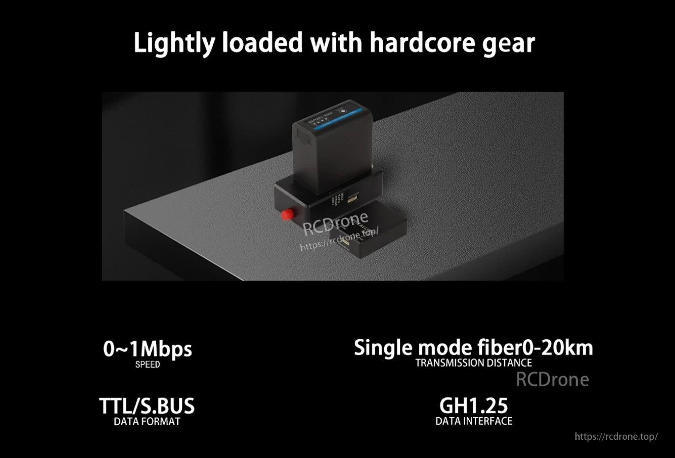 Sky GBD Optical Fiber Module, Lightweight drone with high-end gear, 0–1 Mbps speed, single-mode fiber transmission up to 20 km, TTL/S.BUS data, GH1.25 interface.