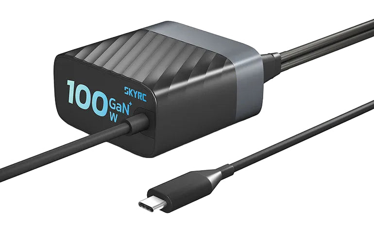 SkyRC PDC100 Fast Charger, SkyRC PDC100 100W GaN fast charger with built-in USB-C cable and compact black power brick design