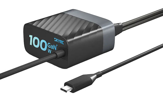SkyRC PDC100 Fast Charger, SkyRC PDC100 100W GaN fast charger with built-in USB-C cable and compact black power brick design
