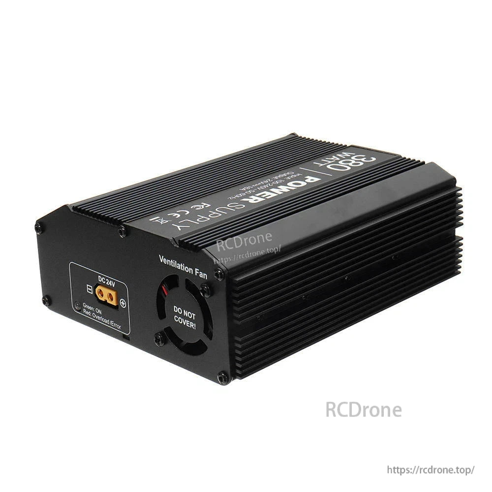 SkyRC 380W 24V DC power supply in black finned metal case with ventilation fan and DC 24V input label