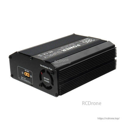 SkyRC 380W 24V DC power supply in black finned metal case with ventilation fan and DC 24V input label