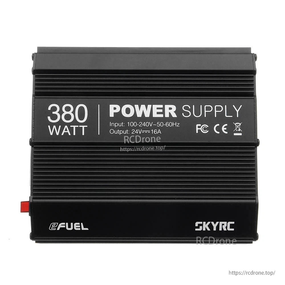 SkyRC 380W 24V DC power supply unit with ribbed black aluminum case and 380W label