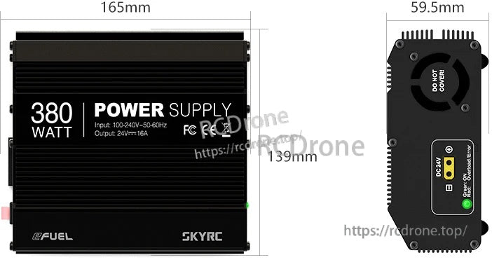 SkyRC 380W 24V DC Power Supply dimensions (165×139×59.5mm) with DC 24V output port and fan end view