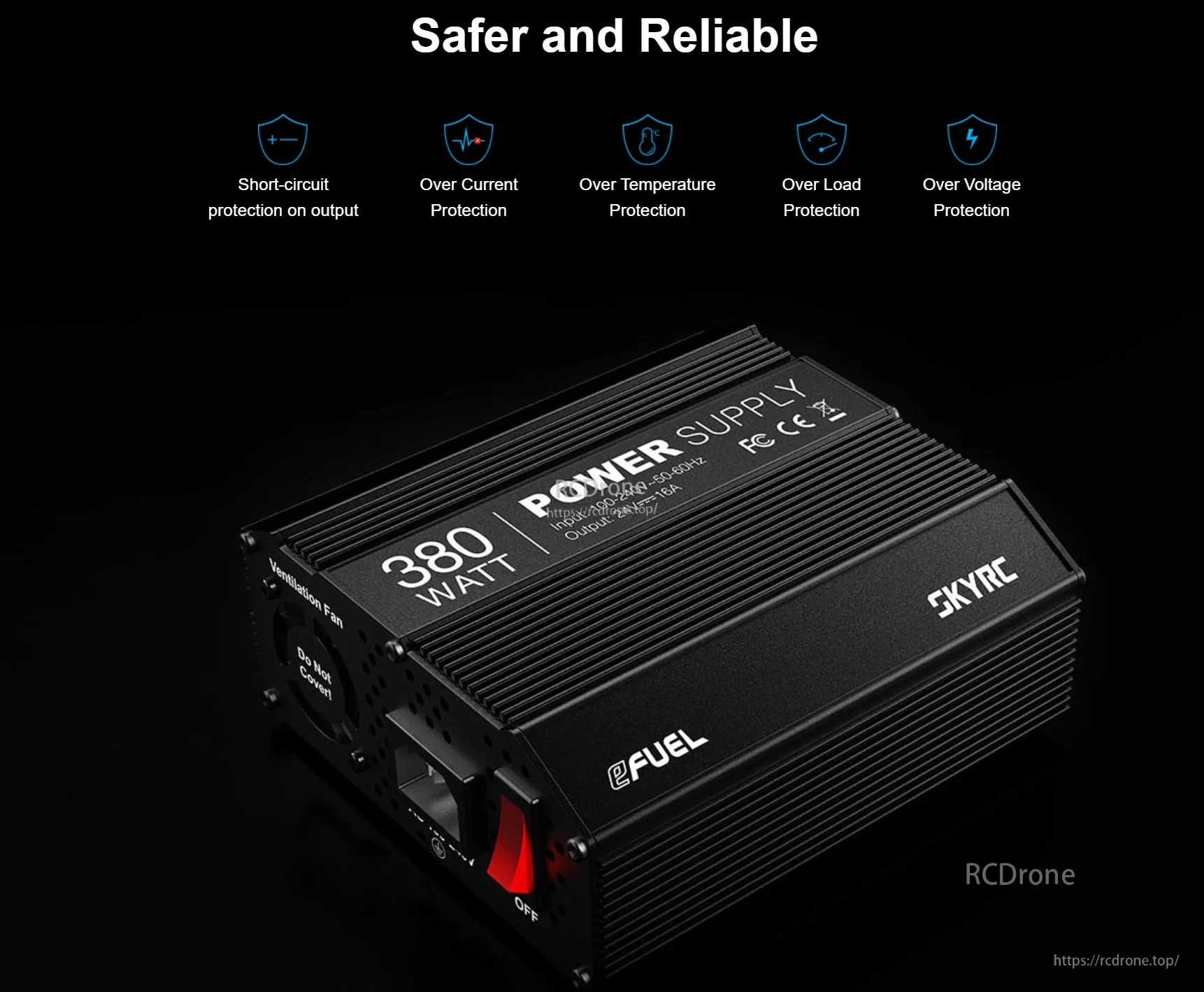 Angled view of SkyRC 380W power supply with icons for short-circuit, over-current, over-temp and over-voltage protection