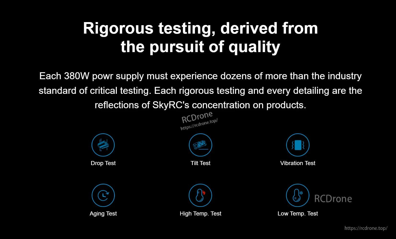 Quality testing graphic listing drop, tilt, vibration, aging, high-temperature and low-temperature tests