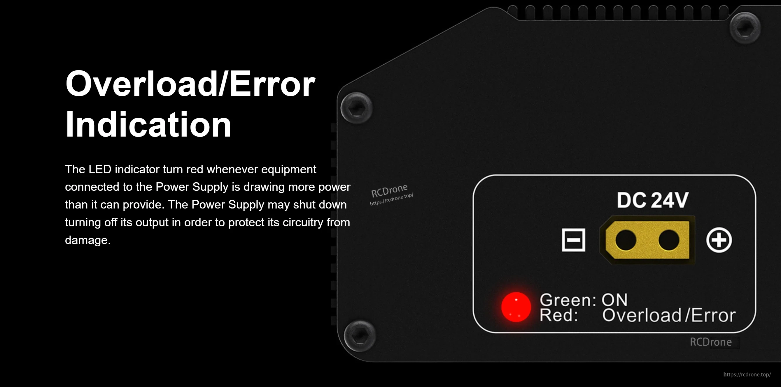 DC 24V output panel close-up with green ON and red Overload/Error LED indicator description