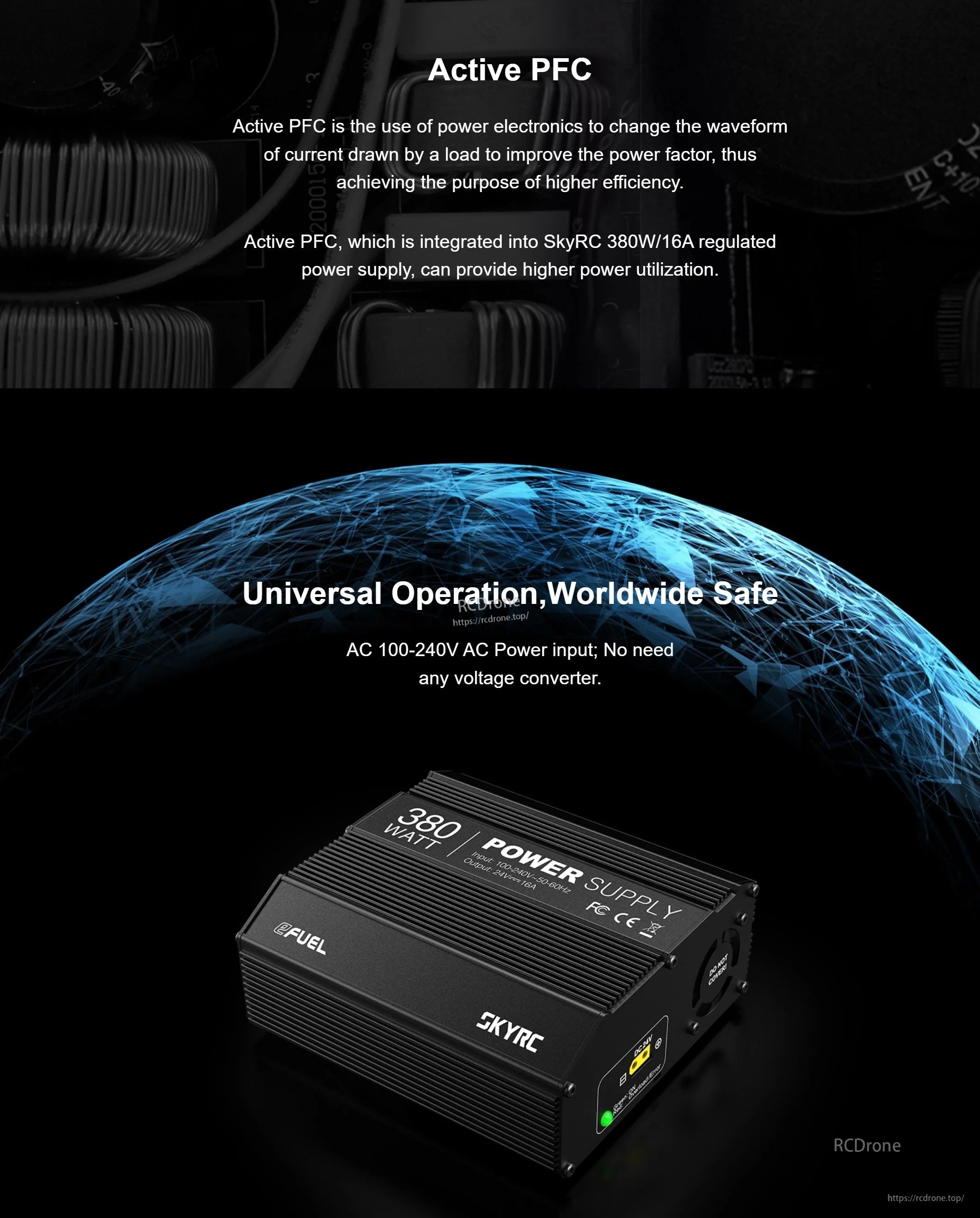 Active PFC and universal AC 100–240V input graphic with SkyRC 380W power supply on globe-themed background