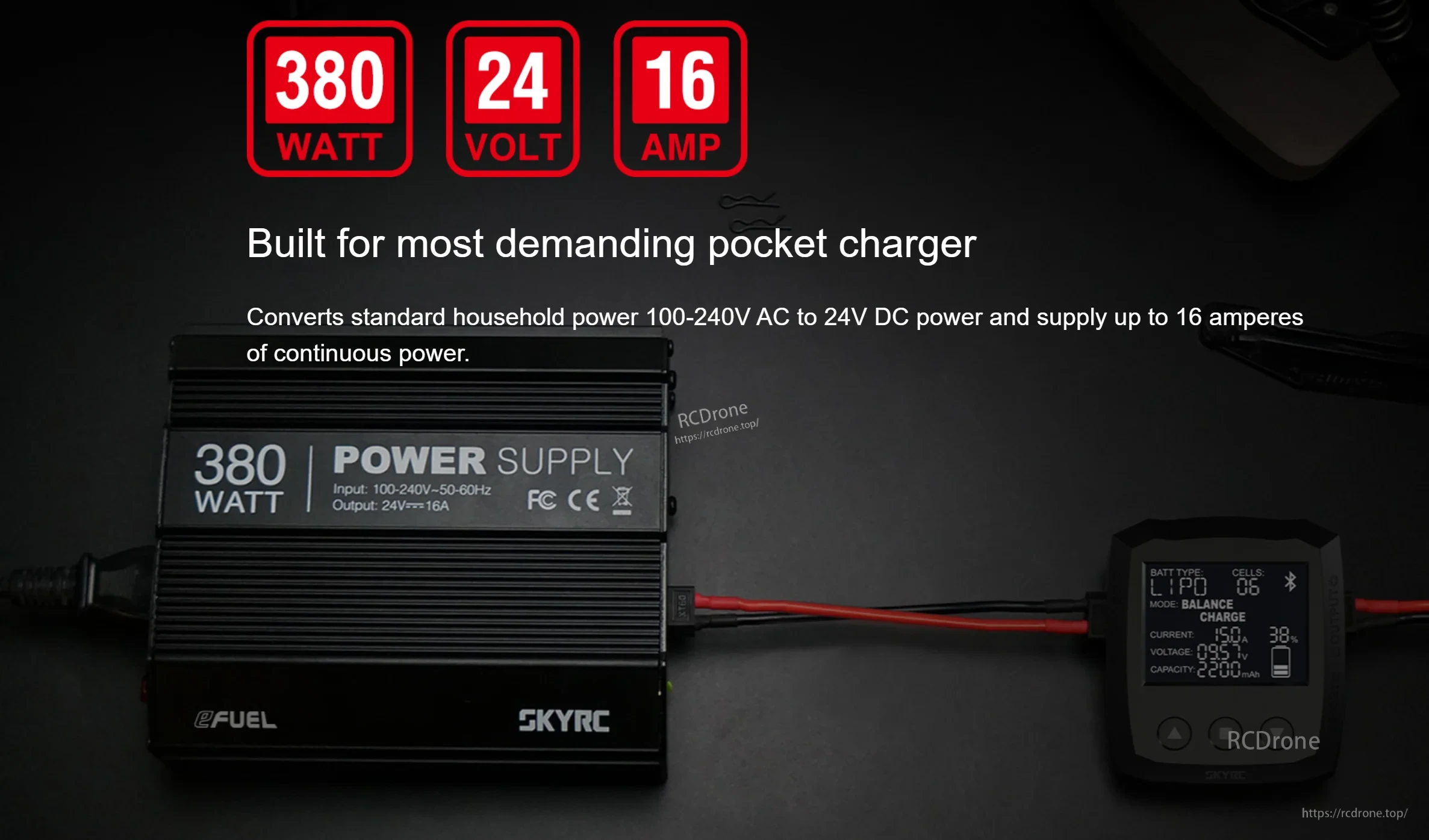 380W power supply feature graphic highlighting 24V output and up to 16A continuous current for pocket chargers