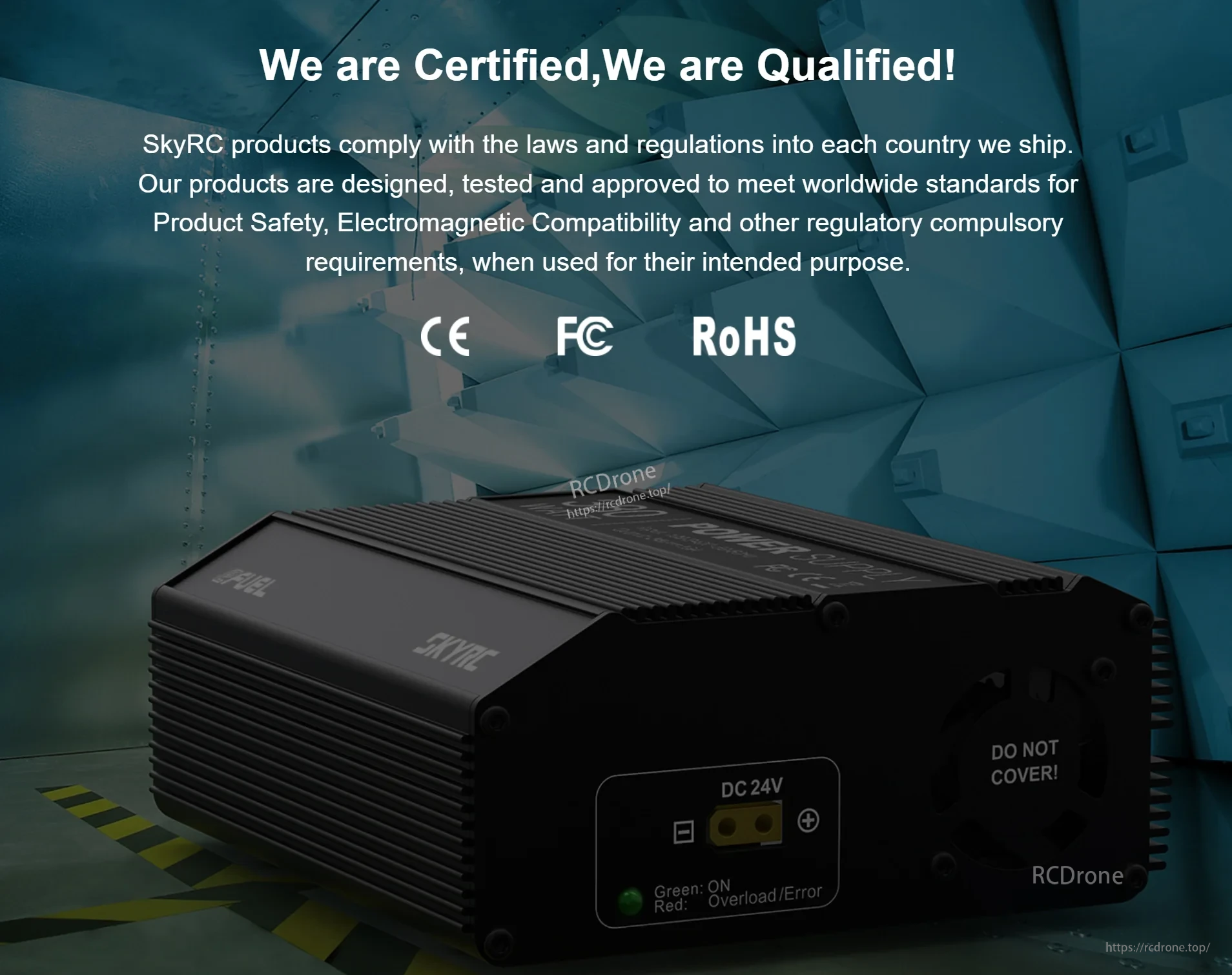 SkyRC power supply with CE, FCC and RoHS compliance markings and safety messaging on certification background