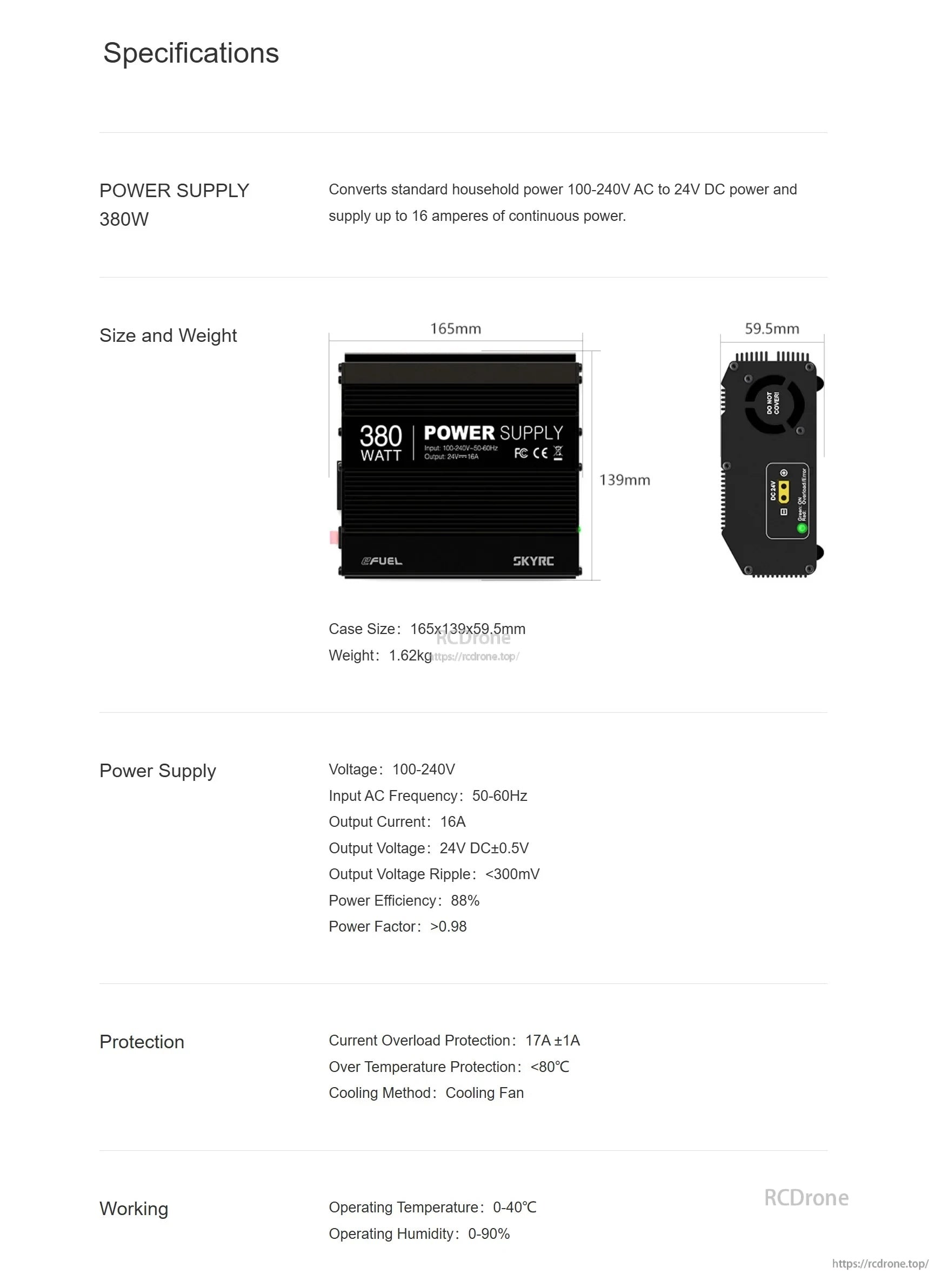 Specifications sheet for SkyRC 380W power supply with size/weight and electrical specs including 24V 16A output