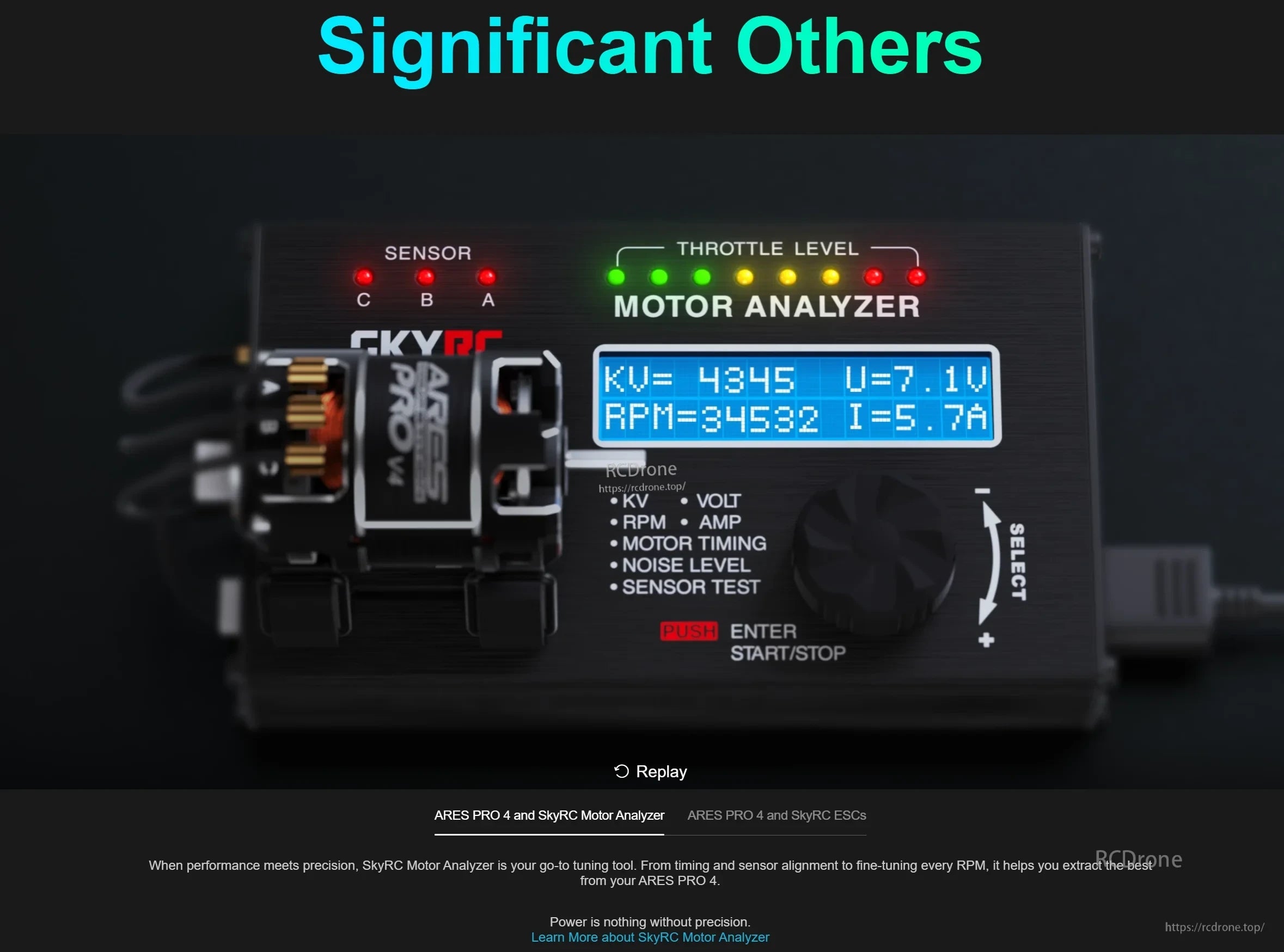 SkyRC motor analyzer screen reading KV, RPM and current, used for timing and sensor testing