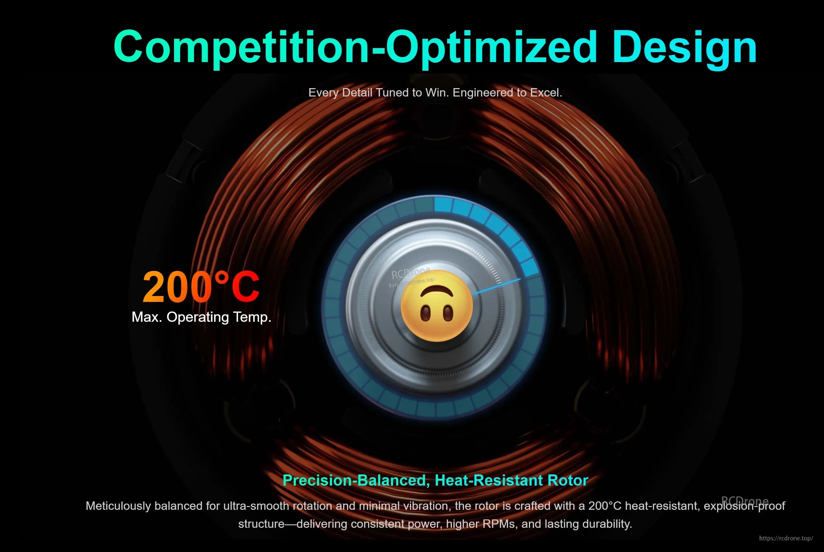 Heat-resistant rotor graphic highlighting 200°C maximum operating temperature for durability