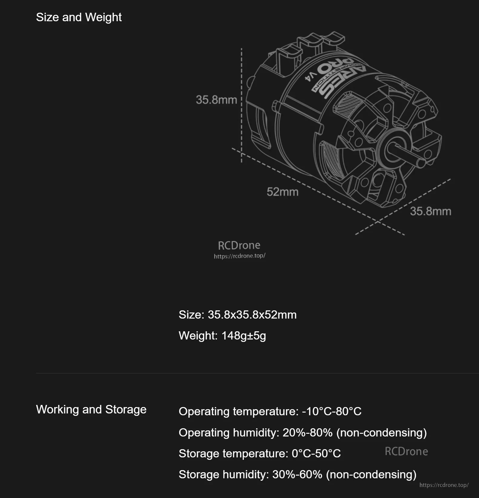 Size and weight diagram for the motor: 35.8 x 35.8 x 52 mm body, 148 g ±5 g