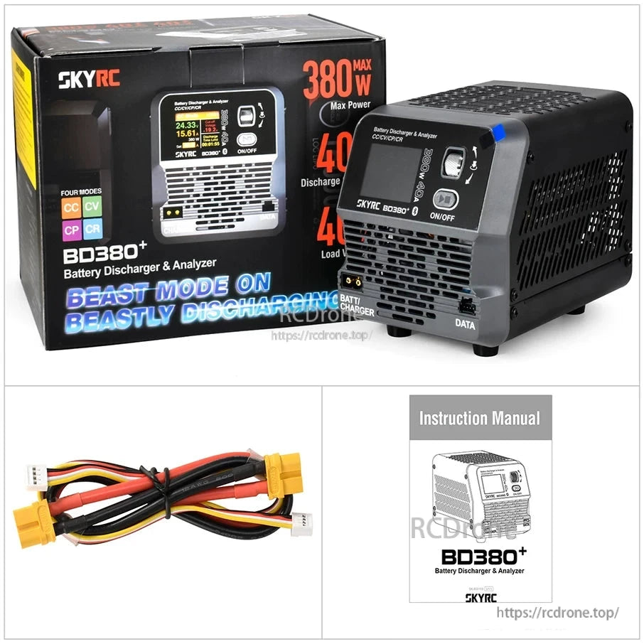 SkyRC BD380+ battery discharger and analyzer with display, 380W max power, XT60 cable and instruction manual