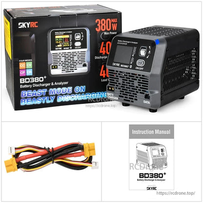 SkyRC BD380+ battery discharger and analyzer with display, 380W max power, XT60 cable and instruction manual