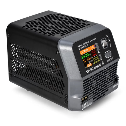 SkyRC BD380+ battery discharger and analyzer with LCD display, control knob, and BATT/CHARGER and DATA ports