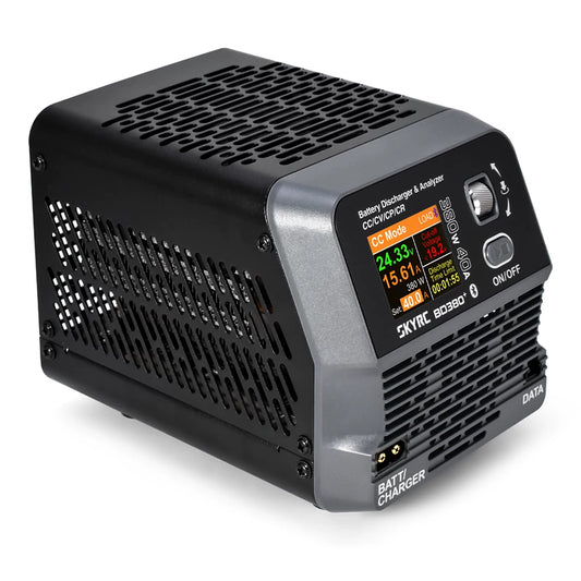 SkyRC BD380+ battery discharger and analyzer with LCD display, control knob, and BATT/CHARGER and DATA ports
