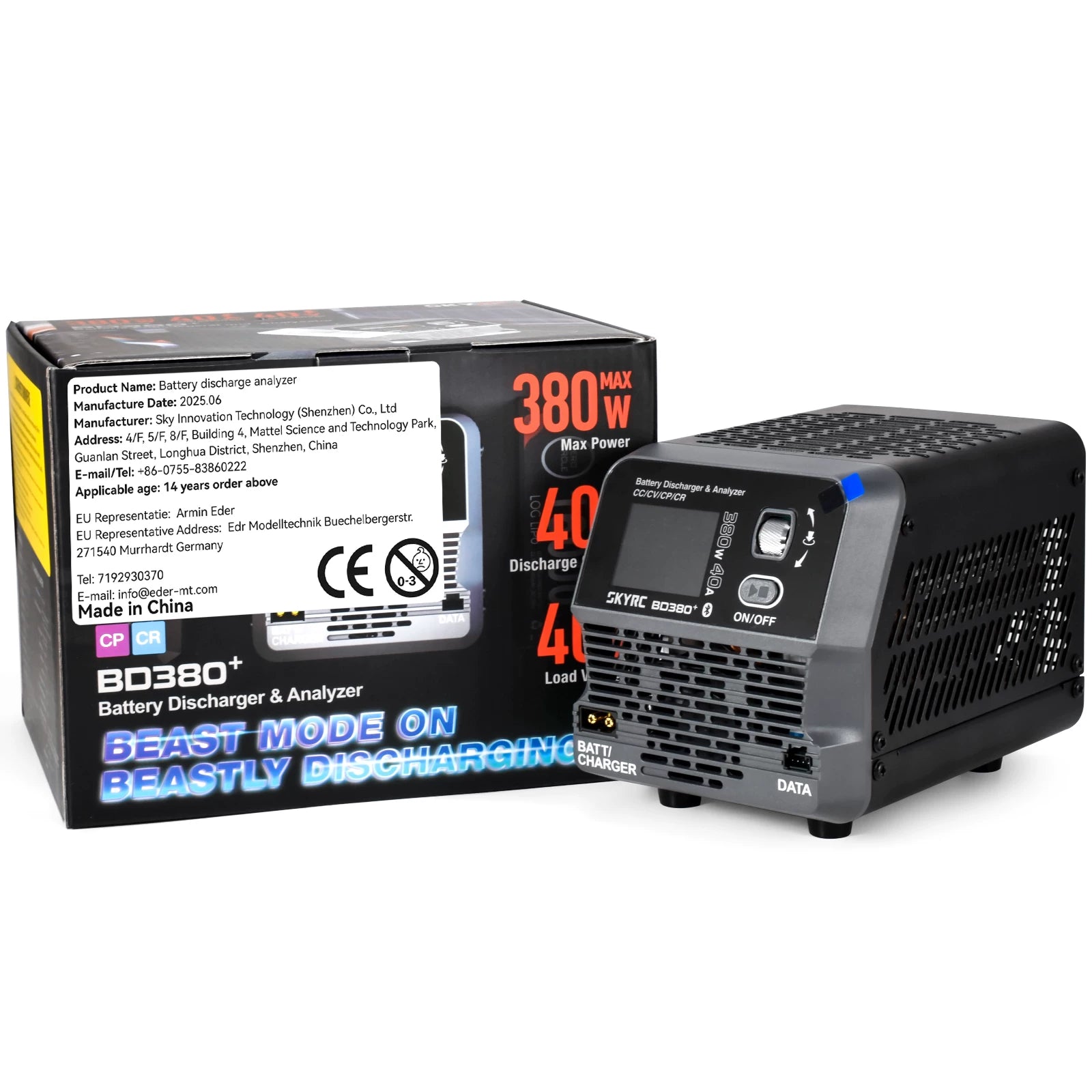 SkyRC BD380+ battery discharger and analyzer with display, on/off button, and BAT/CHARGER and DATA ports