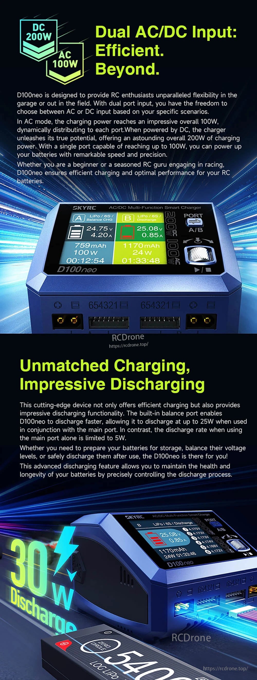 SkyRC D100Neo AC100W DC200W 10Ax2 Dual Channel Multi-Function Smart Charger for 1-6S Lipo/LiFe/Lilon/LIHV 1-15S NIMH/NICD 3S/6S/12S Pb Battery