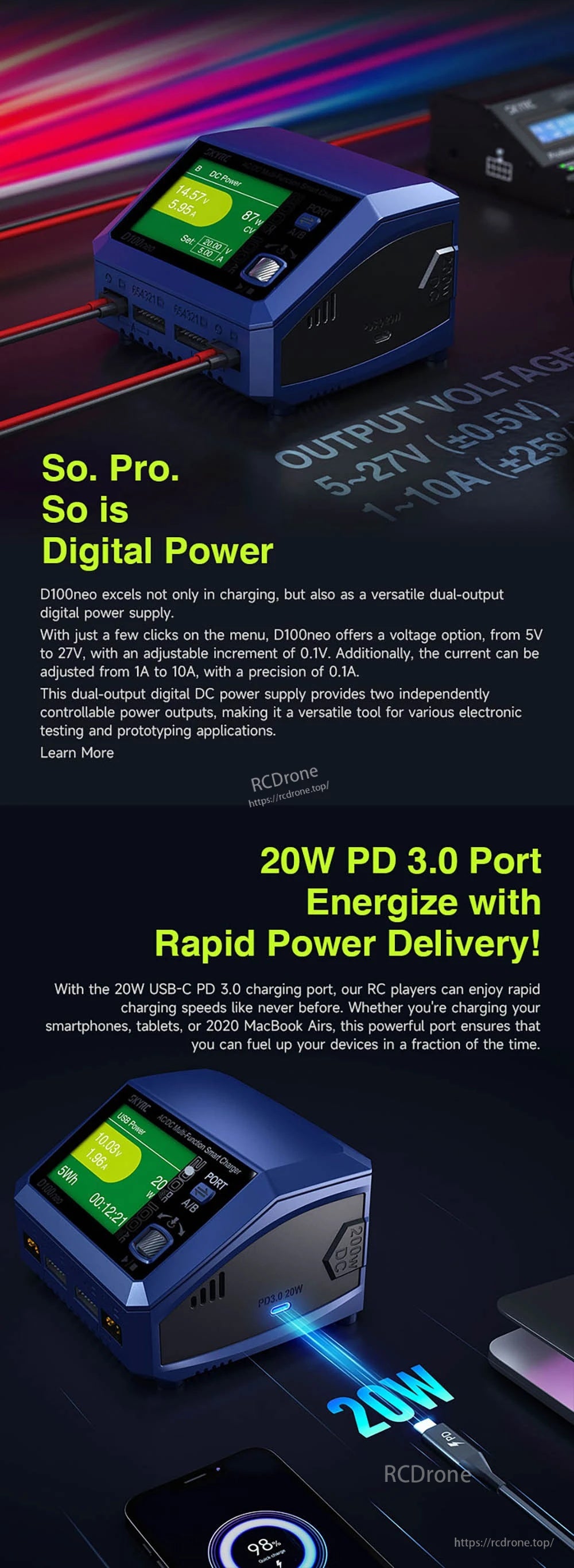 SkyRC D100Neo AC100W DC200W 10Ax2 Dual Channel Multi-Function Smart Charger for 1-6S Lipo/LiFe/Lilon/LIHV 1-15S NIMH/NICD 3S/6S/12S Pb Battery