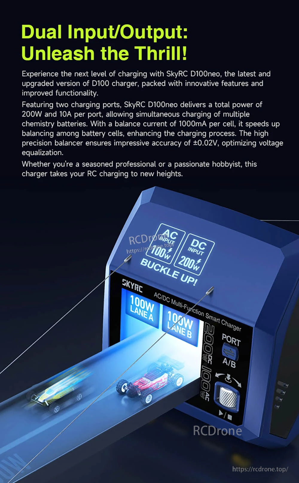 SkyRC D100Neo AC100W DC200W 10Ax2 Dual Channel Multi-Function Smart Charger for 1-6S Lipo/LiFe/Lilon/LIHV 1-15S NIMH/NICD 3S/6S/12S Pb Battery