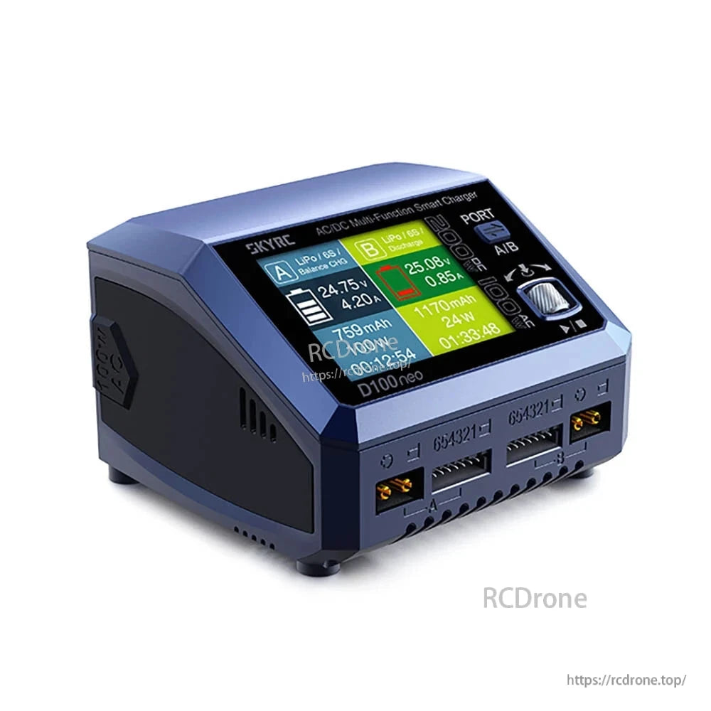 SkyRC D100neo dual channel smart charger with color LCD screen and dual front charge/balance ports