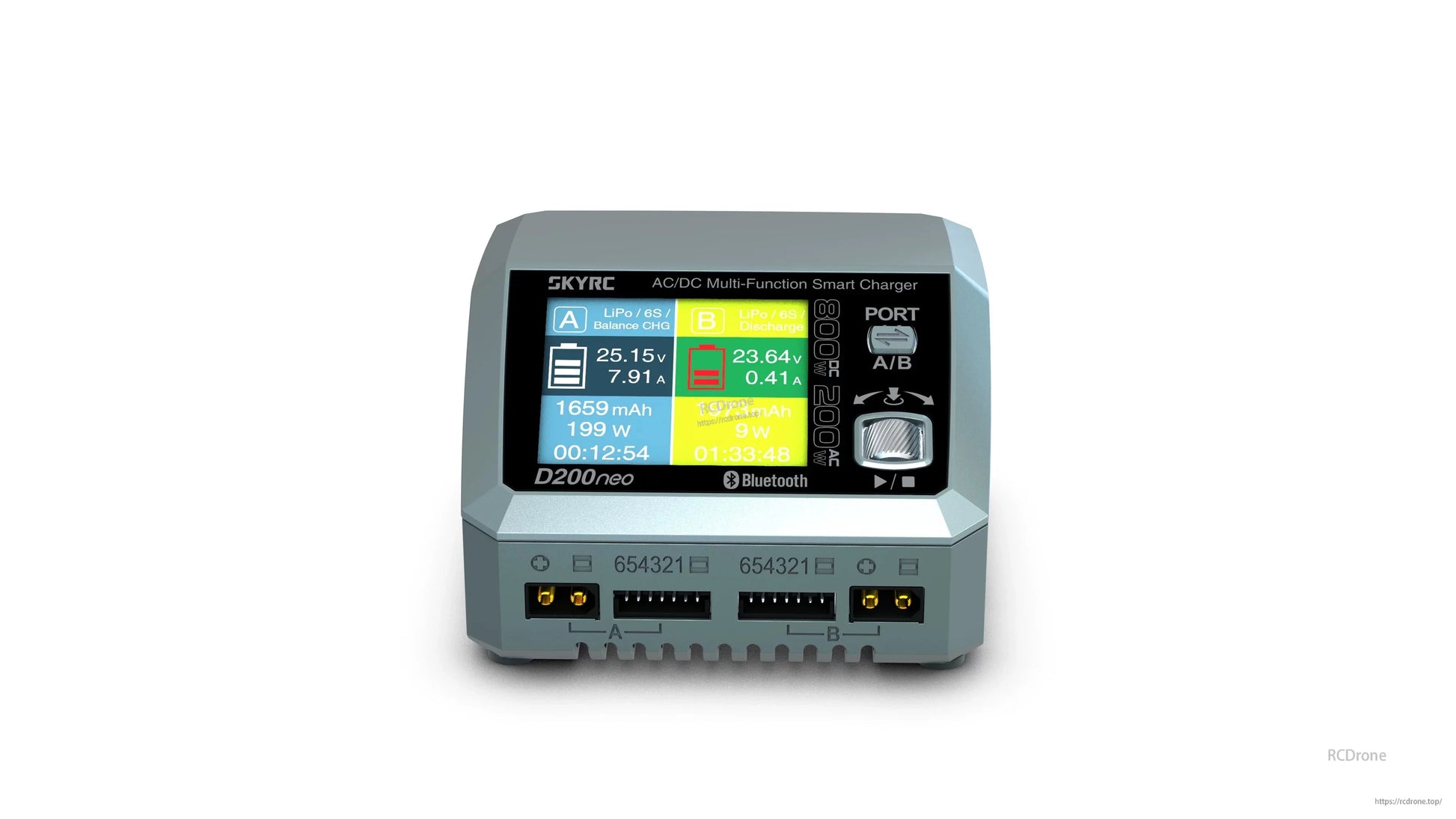 SkyRC D200neo smart charger with color LCD display, dual channel A/B readouts, and front output and balance ports
