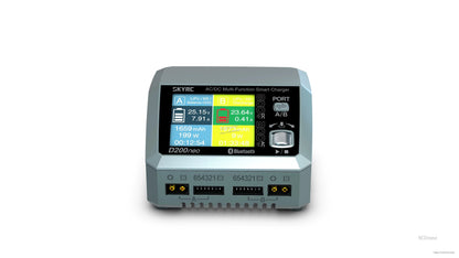 SkyRC D200neo smart charger with color LCD display, dual channel A/B readouts, and front output and balance ports