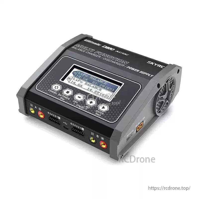 SkyRC D260 Ultimate Duo Balance Charger, SkyRC D260 AC/DC dual balance charger with LCD screen, control buttons, and dual output ports for RC batteries