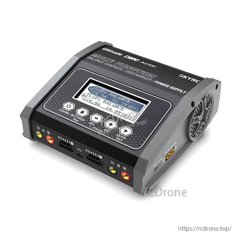 SkyRC D260 Ultimate Duo Balance Charger, SkyRC D260 Ultimate Duo AC/DC balance charger with LCD screen, control buttons, dual-channel ports, and cooling fans