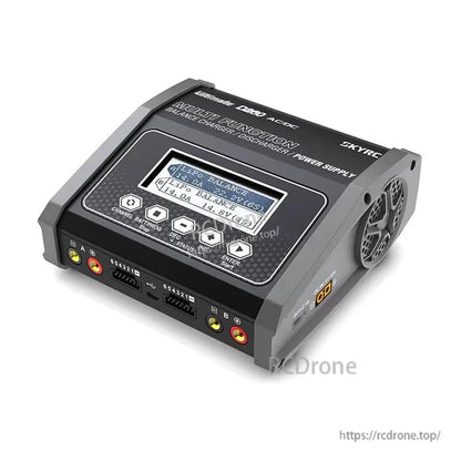 SkyRC D260 Ultimate Duo Balance Charger, SkyRC D260 Ultimate Duo AC/DC balance charger with LCD screen, control buttons, dual-channel ports, and cooling fans