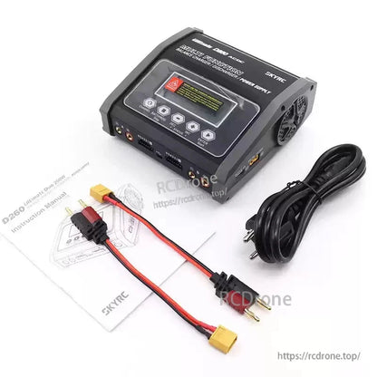 SkyRC D260 Ultimate Duo balance charger with LCD screen, dual channel ports, XT60 leads, and power cord