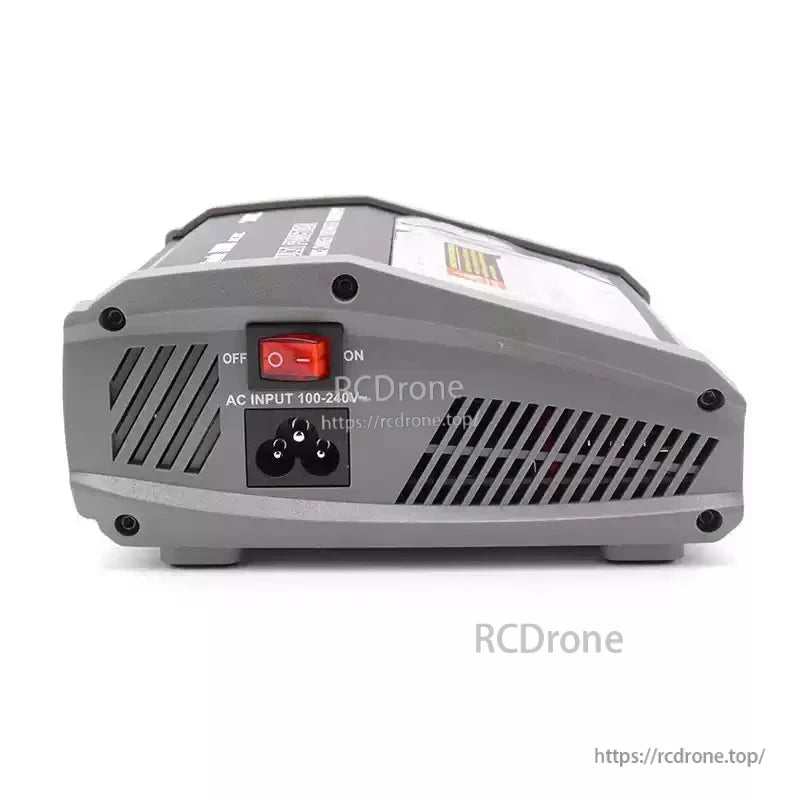 Rear panel of SkyRC D260 Ultimate Duo balance charger with AC 100–240V input port, power switch, and vents