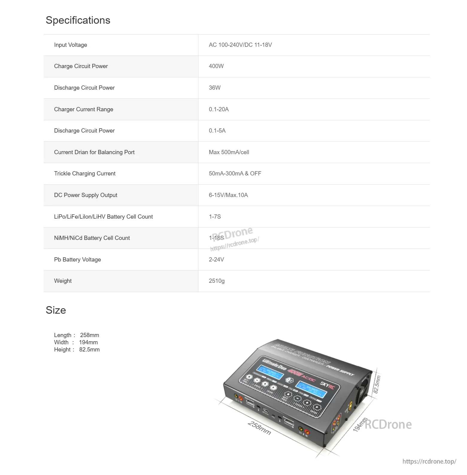 SkyRC D400 Ultimate Duo 400W Balance Charger/ Discharger/ Power Supply Support 1-7S Lithium Batteries