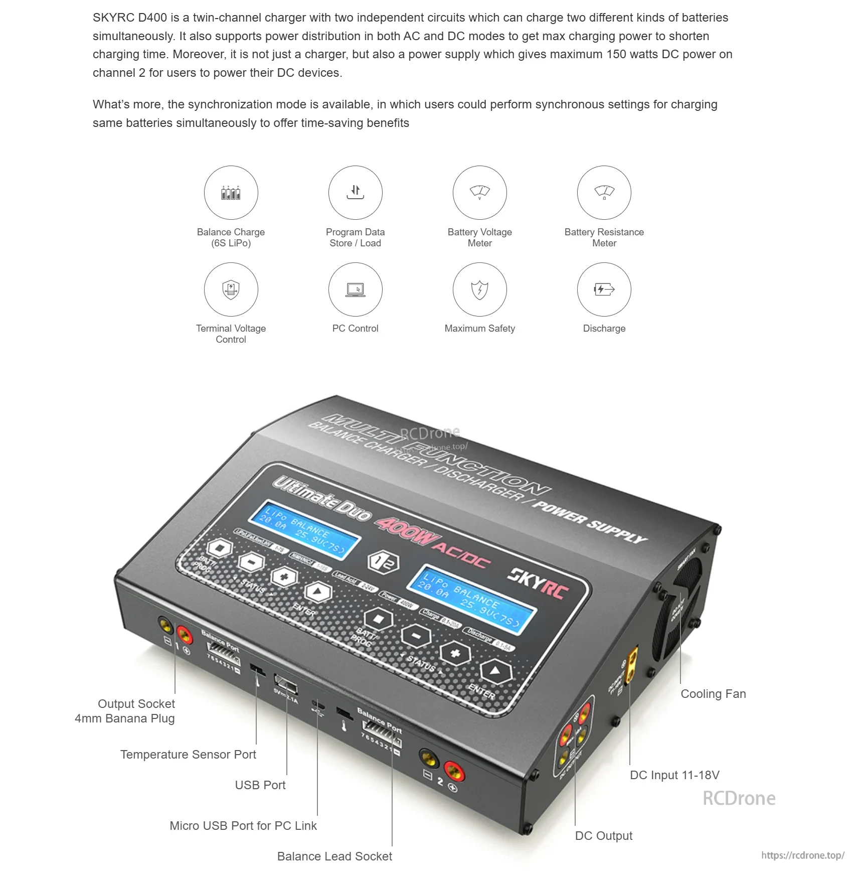 SkyRC D400 Ultimate Duo 400W Balance Charger/ Discharger/ Power Supply Support 1-7S Lithium Batteries