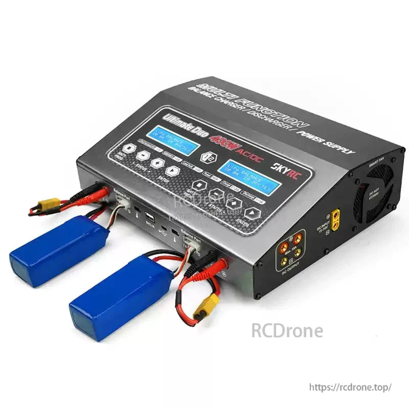 SkyRC D400 Ultimate Duo 400W Balance Charger, SkyRC D400 Ultimate Duo dual-channel balance charger with two LCD screens and LiPo batteries connected
